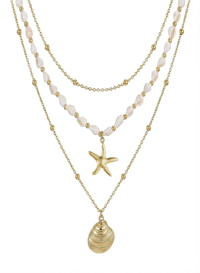 Sanyaa Seashell Starfish Necklace for Women Conch Shell Summer Pearl Beach 14k Gold Layered Dainty Choker (3 Layered Necklace) - Image 1